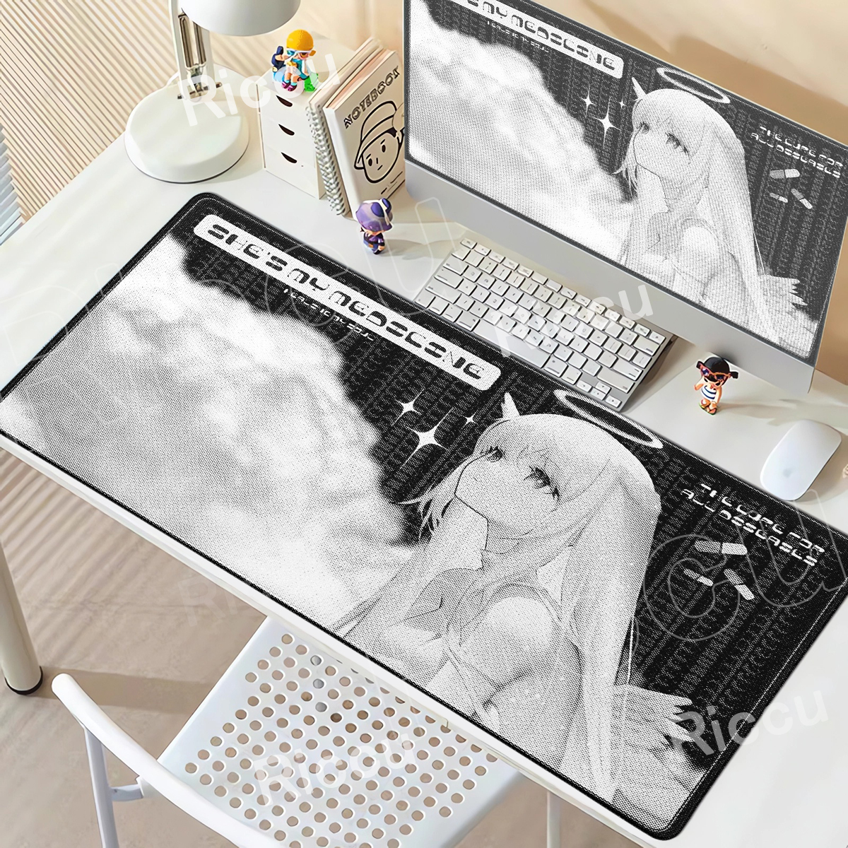 Desk Setup Anime - Angel Mousepad Black White Cute Anime