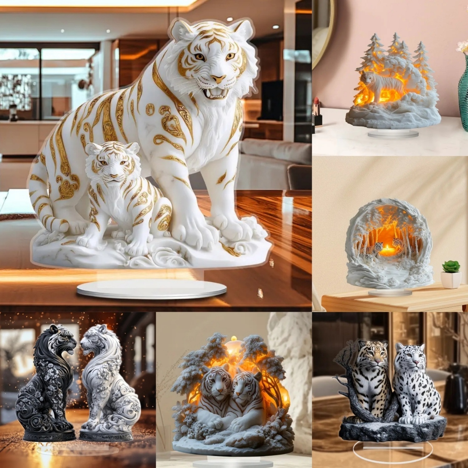 Desk Setup At Home - Two Tigers Statue,2D Flat Animals Acrylic