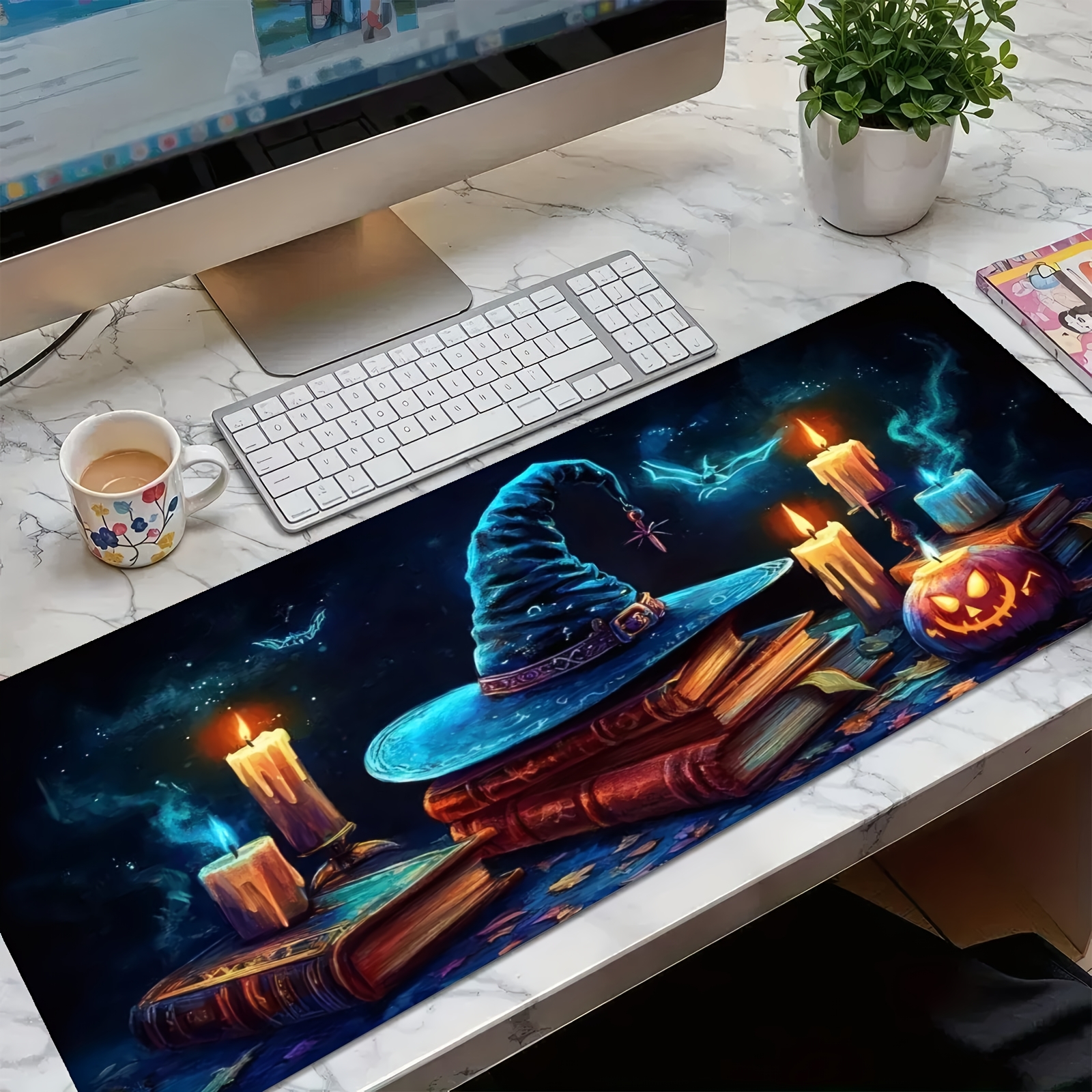 Desk Setup Books - Witch Hat Magic Books Candles Gaming