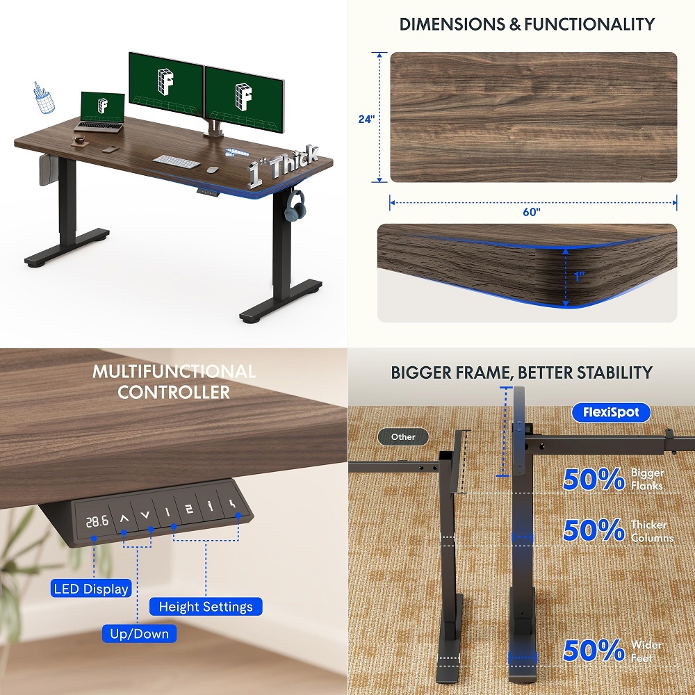 Desk Setup Home Office - 60x24 OnePiece Electric Standing Desk, 1