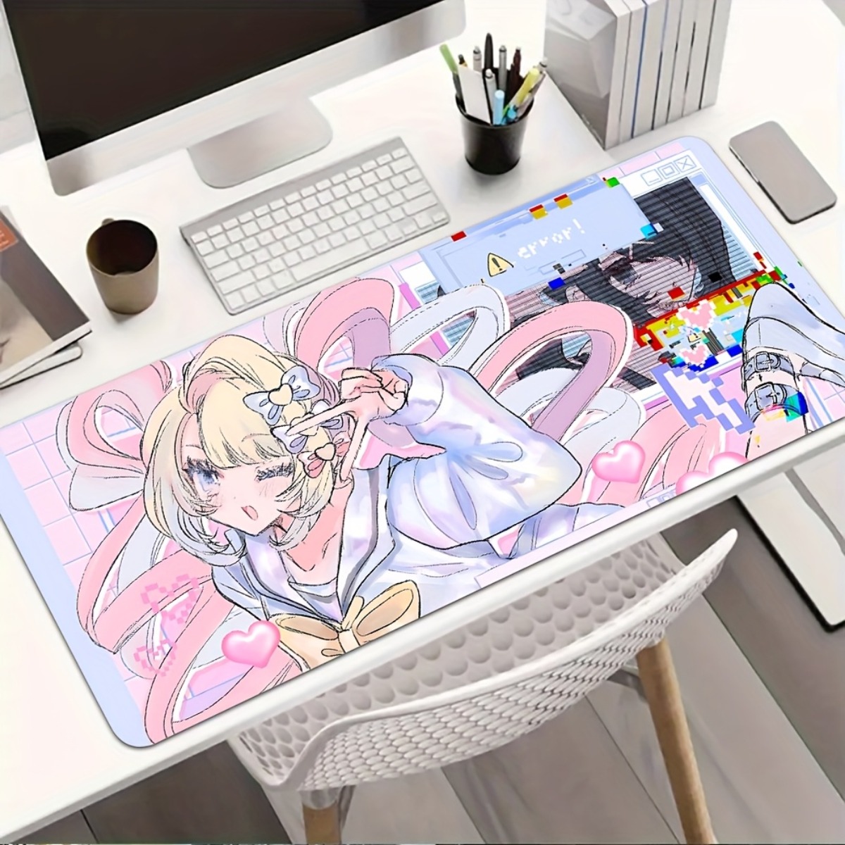 Desk Setup Anime - Pink Purple Anime Girl Rubber Desk