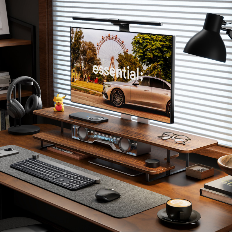 Walnut Finish Monitor Stand Ri – обзор и цена Desk Setup Monitor And Laptop