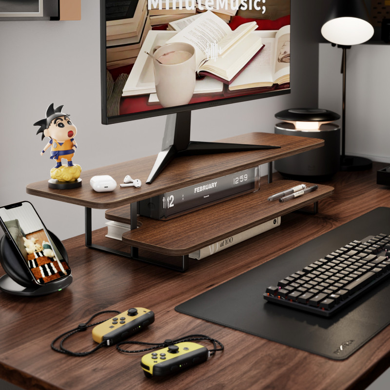 Walnut Finish Monitor Stand Ri – обзор и цена Desk Setup Monitor And Laptop